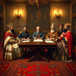 A historical scene featuring Nader Shah, Reza Shah, Mohammad Reza Shah, Cyrus the Great, and Darius the Great all seated around a grand wooden table