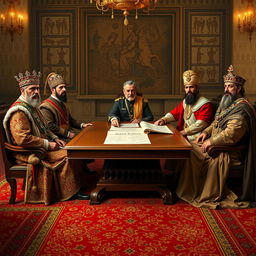 A historical scene featuring Nader Shah, Reza Shah, Mohammad Reza Shah, Cyrus the Great, and Darius the Great all seated around a grand wooden table