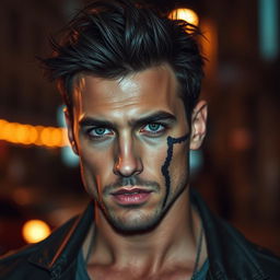A strikingly attractive man with a rugged, chiseled jawline and a prominent cut running vertically down his cheek