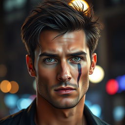 A strikingly attractive man with a rugged, chiseled jawline and a prominent cut running vertically down his cheek