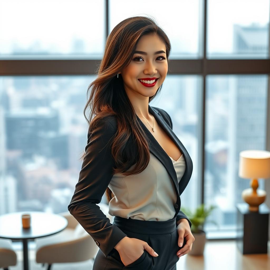 A beautiful Chinese woman with large, round breasts, dressed in elegant and stylish business attire