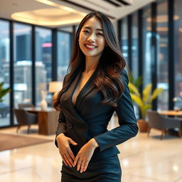 A beautiful Chinese woman with large, round breasts, dressed in elegant and stylish business attire