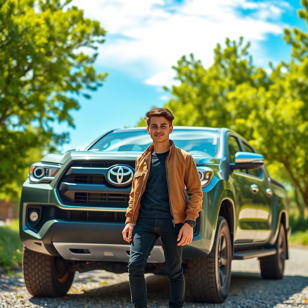 A young man standing next to a Toyota pickup truck in Greenwald