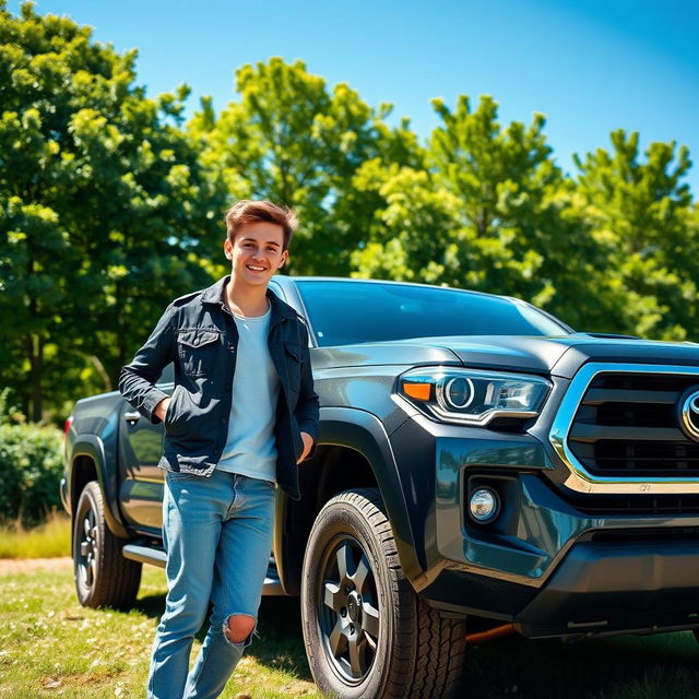 A young man standing next to a Toyota pickup truck in Greenwald