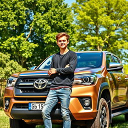 A young man standing next to a Toyota pickup truck in Greenwald