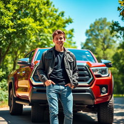 A young man standing next to a Toyota pickup truck in Greenwald