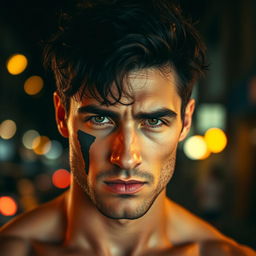 A strikingly attractive man with a rugged, chiseled jawline and a prominent cut, not a black mark, running vertically down his cheek