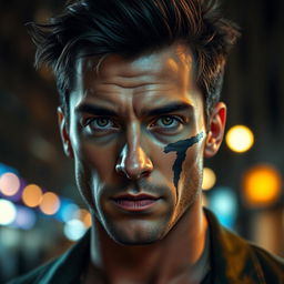 A strikingly attractive man with a rugged, chiseled jawline and a prominent cut, not a black mark, running vertically down his cheek