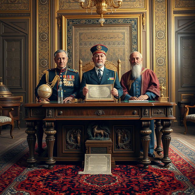 A historically inspired portrait featuring Reza Shah, Mohammad Reza Shah, and Darius the Great seated behind an ornate desk