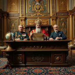 A historically inspired portrait featuring Reza Shah, Mohammad Reza Shah, and Darius the Great seated behind an ornate desk