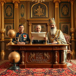 A historically inspired portrait featuring Reza Shah, Mohammad Reza Shah, and Darius the Great seated behind an ornate desk