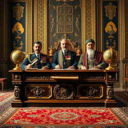 A historically inspired portrait featuring Reza Shah, Mohammad Reza Shah, and Darius the Great seated behind an ornate desk