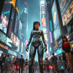 A dynamic and visually striking scene of a bustling futuristic city street filled with diverse crowds