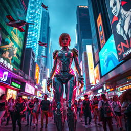 A dynamic and visually striking scene of a bustling futuristic city street filled with diverse crowds