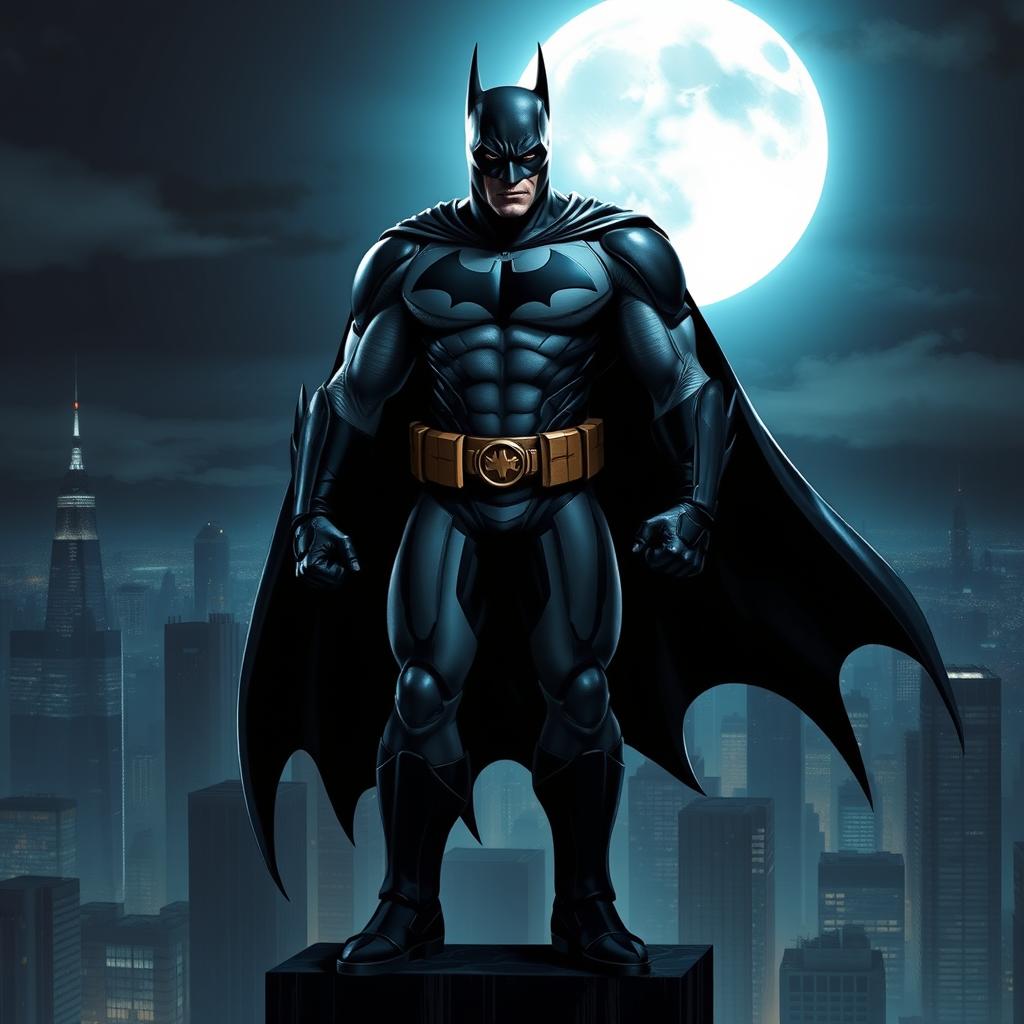 A heroic and powerful depiction of a superhero inspired by Batman