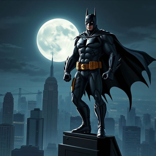 A heroic and powerful depiction of a superhero inspired by Batman