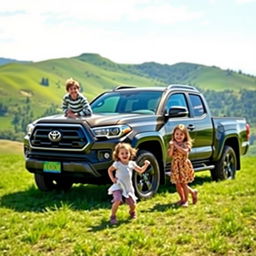 A young family of four, including a boy and a girl, standing together next to a Toyota pickup truck on the lush green hills of Greenwald
