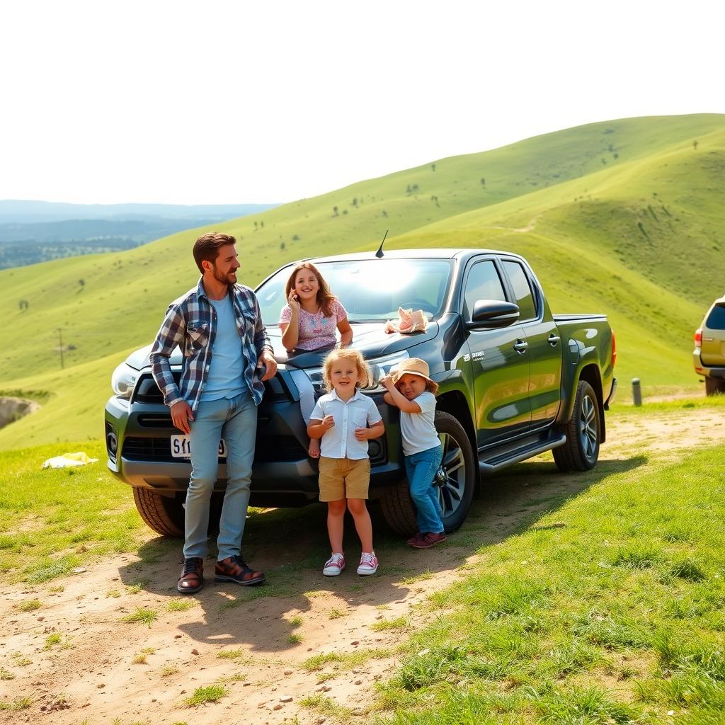 A young family of four, including a boy and a girl, standing together next to a Toyota pickup truck on the lush green hills of Greenwald