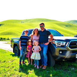 A young family of four, including a boy and a girl, standing together next to a Toyota pickup truck on the lush green hills of Greenwald