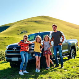 A young family of four, including a boy and a girl, standing together next to a Toyota pickup truck on the lush green hills of Greenwald