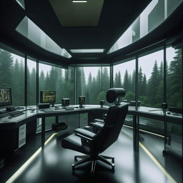 A futuristic penitentiary control room styled glass penthouse office with audio equipment, a microphone facing a chair, and a forest view through its glass walls, designed by taking architectural cues from the provided link.