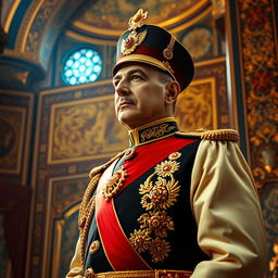 A majestic portrait of Mohammad Reza Shah Pahlavi, the last Shah of Iran, dressed in a regal military uniform adorned with golden embellishments