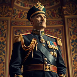 A majestic portrait of Mohammad Reza Shah Pahlavi, the last Shah of Iran, dressed in a regal military uniform adorned with golden embellishments