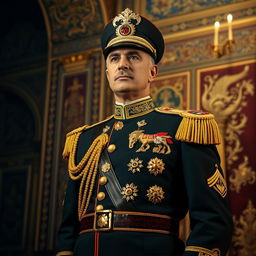 A majestic portrait of Mohammad Reza Shah Pahlavi, the last Shah of Iran, dressed in a regal military uniform adorned with golden embellishments