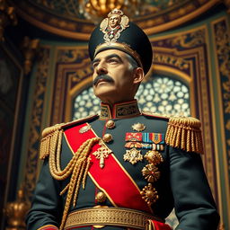 A majestic portrait of Mohammad Reza Shah Pahlavi, the last Shah of Iran, dressed in a regal military uniform adorned with golden embellishments