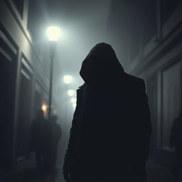 A mysterious figure standing in a foggy urban alley at night, shrouded in darkness with their face obscured by a hood and shadows