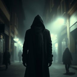 A mysterious figure standing in a foggy urban alley at night, shrouded in darkness with their face obscured by a hood and shadows