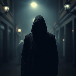 A mysterious figure standing in a foggy urban alley at night, shrouded in darkness with their face obscured by a hood and shadows
