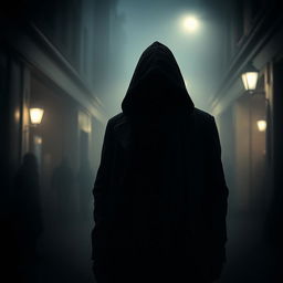 A mysterious figure standing in a foggy urban alley at night, shrouded in darkness with their face obscured by a hood and shadows