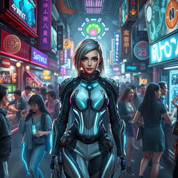 A captivating scene set in a crowded, futuristic marketplace filled with lively crowds and diverse characters
