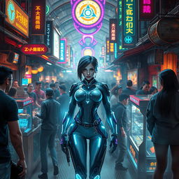 A captivating scene set in a crowded, futuristic marketplace filled with lively crowds and diverse characters