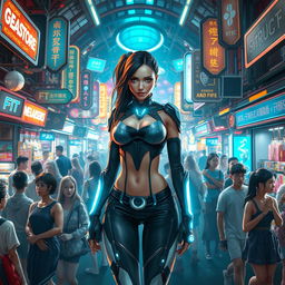 A captivating scene set in a crowded, futuristic marketplace filled with lively crowds and diverse characters