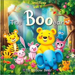 An enchanting children's book cover titled 'Boo The Yellow Bear', featuring a cheerful yellow bear named Boo surrounded by a whimsical forest scene