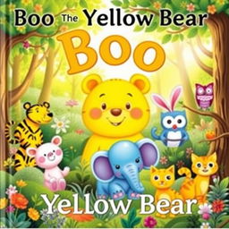 An enchanting children's book cover titled 'Boo The Yellow Bear', featuring a cheerful yellow bear named Boo surrounded by a whimsical forest scene