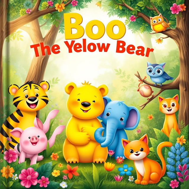 An enchanting children's book cover titled 'Boo The Yellow Bear', featuring a cheerful yellow bear named Boo surrounded by a whimsical forest scene