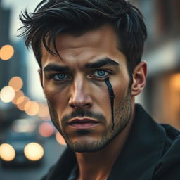 A strikingly attractive man with a rugged appearance and a prominent cut running vertically across his eye, not a black mark