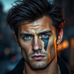 A strikingly attractive man with a rugged appearance and a prominent cut running vertically across his eye, not a black mark