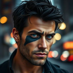 A strikingly attractive man with a rugged appearance and a prominent cut running vertically across his eye, not a black mark