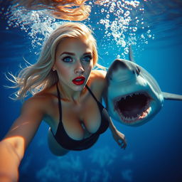 A sexy blonde woman in a tiny swimsuit, with striking blue eyes and bold red lips, is underwater swimming away from a menacing shark