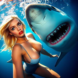 A sexy blonde woman in a tiny swimsuit, with striking blue eyes and bold red lips, is underwater swimming away from a menacing shark