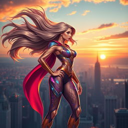 A stunning depiction of a superheroine called "Super Me" with flowing hair and a dazzling costume