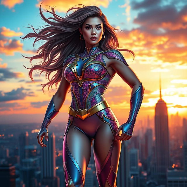 A stunning depiction of a superheroine called "Super Me" with flowing hair and a dazzling costume