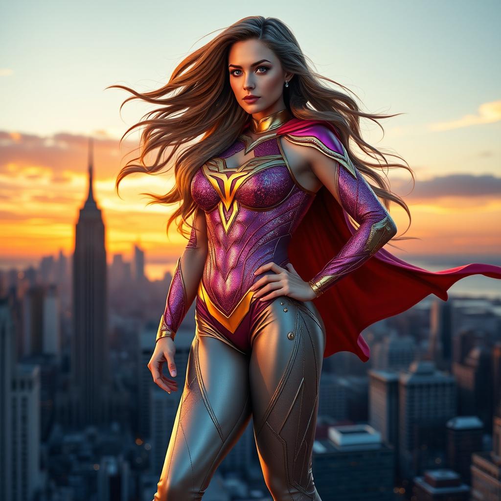 A stunning depiction of a superheroine called "Super Me" with flowing hair and a dazzling costume