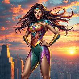 A stunning depiction of a superheroine called "Super Me" with flowing hair and a dazzling costume