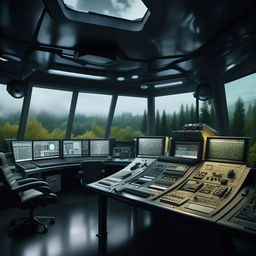 A futuristic penitentiary control room within a glass penthouse office; featuring an array of audio equipment, a mic situated to face a chair, and scenic forest views through the glass. It draws design elements from the provided link.