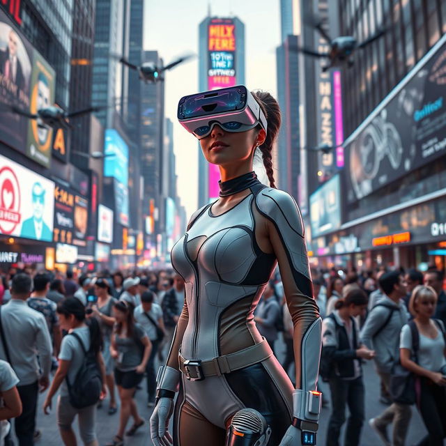 A vibrant scene set in a crowded futuristic city square teeming with people, showcasing a diverse mix of individuals engaged in various activities